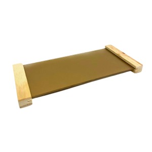 BANDEJA DE VIDRO COM BASE DE MADEIRA - DOURADA